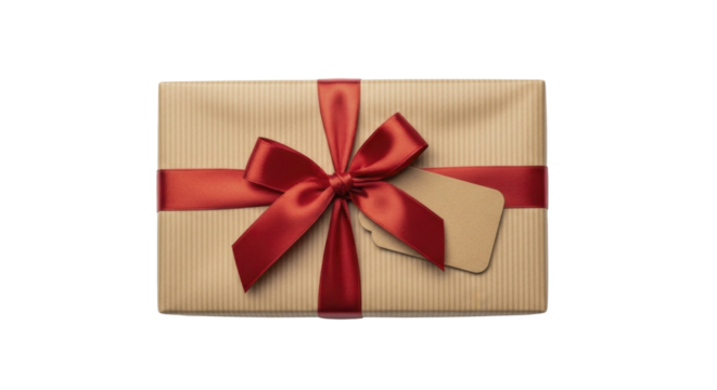 New Year Gift Box with Red Ribbon Bow and Blank Tag on a Transparent Background, PNG image, PNG file