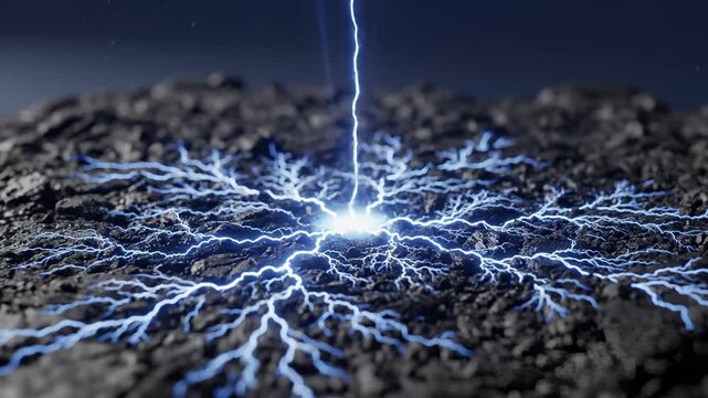 Energy Beam Strikes Rocky Surface and Spreads Blue Light Energy
