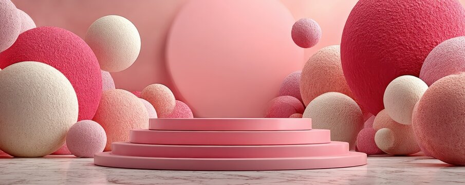 Abstract pink podium with pastel spheres creates a dreamy, modern display backdrop
