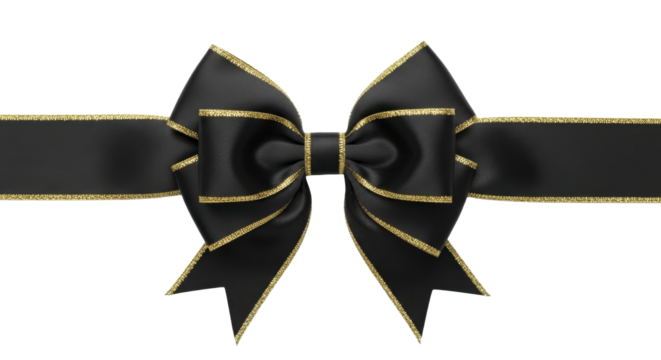 Black satin bow with gold glitter edges New Year gift on a transparent background PNG image
