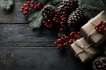 Fototapeta premium Rustic Christmas decoration arrangement with wrapped gifts and natural pine details