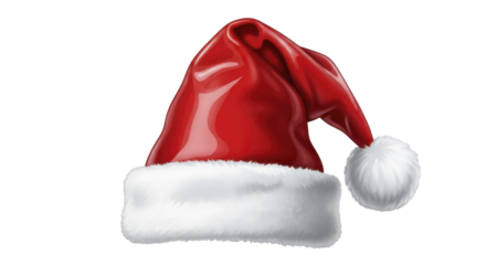 Classic red Santa Claus hat with white fur trim and pompom on a transparent background PNG image