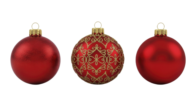 Three glossy and textured red Christmas ornaments with gold decorations for holiday celebrations on a transparent background, PNG image, PNG file