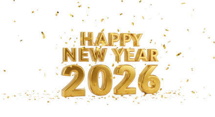 Golden balloons forming happy new year 2026 text with falling confetti isolated on transparent background