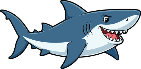 Cartoon shark with sharp teeth and fierce expression, vector illustration for marine life education, ocean adventure, and predator concept