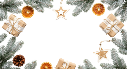 Christmas fir branches with frosted tips, decorated with dried orange slices, pine cones, wooden stars, and small wrapped gifts, arranged as a border on a transparent background