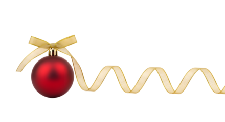 A single red christmas ornament with a gold ribbon bow, isolated on transparent background