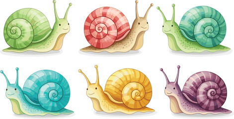 Cartoon snail set with colorful shells and smiling faces, vector illustration for nature, kids design, and slow movement concept © Shilpi