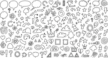 Obraz premium Doodle Elements Set with Arrows, Hearts, Speech Bubbles, Stars, Crowns on White