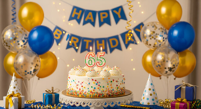 Joyful 65th Birthday Party with Cake, Balloons and Presents