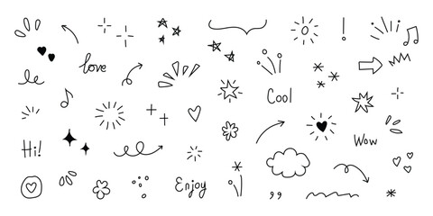 Hand drawn sketch heart, arrow, star, flower decoration icon vector. sketch line style emphasis, attention. Line arrow, star, heart symbol. vector illustration.