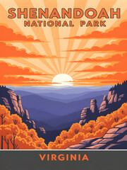Retro vintage style art of shenandoah national park virginia at sunset