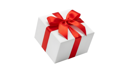 A white gift box with a red ribbon and bow isolated on a transparent background