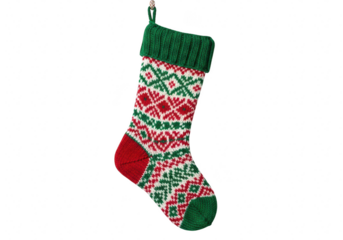 A festive christmas stocking, adorned with a charming fair isle pattern in red, green, and white, evokes the warmth and joy of the holiday season, perfect for adding a touch of yuletide cheer isolated
