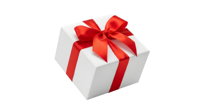 A white gift box with a red ribbon and bow isolated on a transparent background