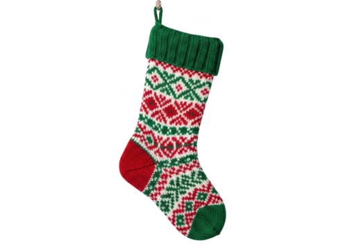 A festive christmas stocking, adorned with a charming fair isle pattern in red, green, and white, evokes the warmth and joy of the holiday season, perfect for adding a touch of yuletide cheer isolated