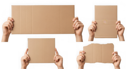 Hands holding different size cardboard pieces on transparent background 