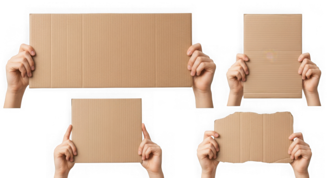 Hands holding different size cardboard pieces on transparent background 