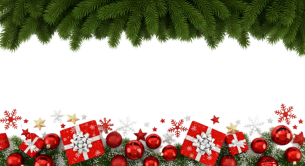 Christmas border with fir branches, red gift boxes, ornaments, snowflakes, and stars on a transparent background