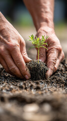 aged fingers nurture tiny plant, elderly fingers gently embed fragile seedlings into fertile earth