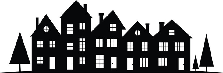 Row of traditional suburban houses silhouette with windows, rooftops and chimneys, peaceful residential neighborhood architecture illustration for real estate design