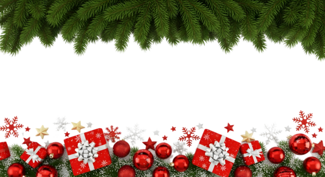 Christmas border with fir branches, red gift boxes, ornaments, snowflakes, and stars on a transparent background