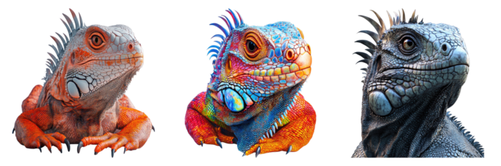 A vibrant display of three iguanas, each showcasing a unique and colorful appearance