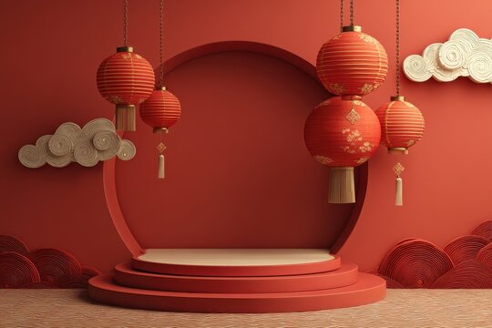 Red Chinese lanterns hang above a circular stage against a bold red backdrop, creating a festive cultural scene