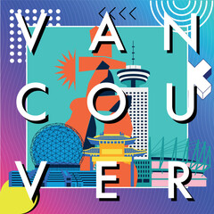 Typography word Vancouver branding technology concept. Collection of flat vector web icons. Canadian culture travel set, Memphis architectures, specialties detailed silhouette American famous landmark