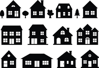 Set of residential house silhouettes, suburban home icons, modern neighborhood building shapes for real estate, architecture, and property design projects