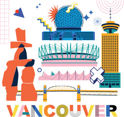 Typography word Vancouver branding technology concept. Collection of flat vector web icons. Canadian culture travel set, Memphis architectures, specialties detailed silhouette American famous landmark