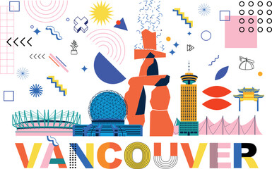 Typography word Vancouver branding technology concept. Collection of flat vector web icons. Canadian culture travel set, Memphis architectures, specialties detailed silhouette American famous landmark