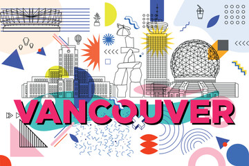 Typography word Vancouver branding technology concept. Collection of flat vector web icons. Canadian culture travel set, Memphis architectures, specialties detailed silhouette American famous landmark