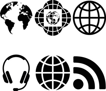 Global Communication Icon Set World Globe Headset RSS Signal Technology Vector Silhouette Graphic International Connectivity Icon Set Various Globes Customer Service Headset Internet RSS Symbol - Powered by Adobe
