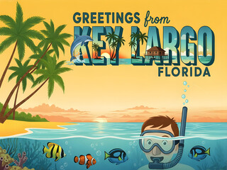 Greetings from key largo florida vintage postcard with snorkeler and tropical fish