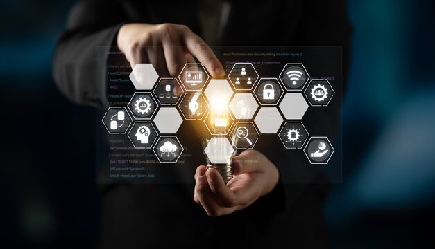 Hexagon interface combining AI, data, analytics, and cybersecurity. AI connects systems, data drives analytics, data supports decisions, and AI enables smart business infrastructure. Latch