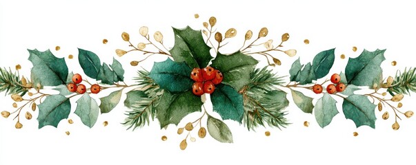 Watercolor Christmas border decoration with holly, berries, and elegant golden accents