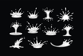 Cartoon water splash set, vector liquid drops collection, wave splatter design, fluid motion shapes, blue splash elements, isolated background illustration