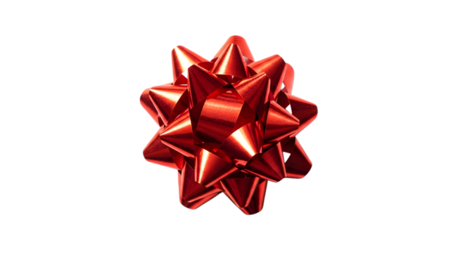 Shiny red metallic gift bow, isolated on transparent background