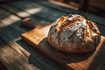 golden crusted bread with shadowed background, freshly baked sourdough rests on sunlit outdoor surface