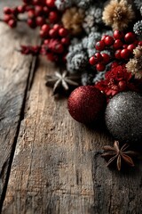 Fototapeta premium Rustic holiday decor with festive ornaments and natural wooden background