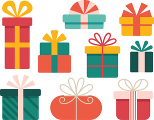 Collection of colorful wrapped gift boxes with festive ribbons and bows for celebration, birthday, holiday presents, party decorations, and event design