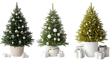 Three decorated christmas trees in pots with gift boxes, isolated on transparent background