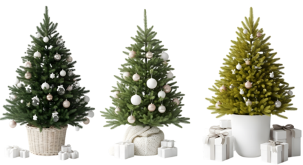 Three decorated christmas trees in pots with gift boxes, isolated on transparent background