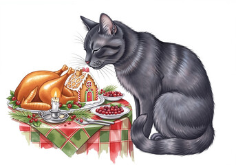 Black cat sitting by festive Christmas dinner table with turkey and gingerbread house illustration
