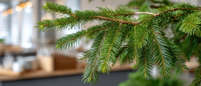 Close-up view of lush green branches adorned with glowing lights, set against a backdrop of cheerful holiday festivities at dusk