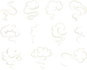Collection of soft swirling smoke and cloud puff shapes for cartoon animation effects, decorative illustration design elements, isolated on white background