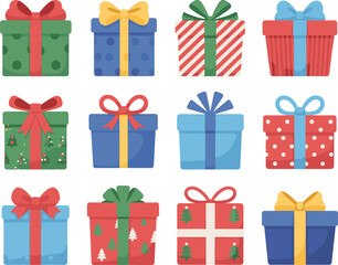 Colorful Christmas gift box collection with festive ribbons, holiday patterns, decorative present icons for winter celebrations and seasonal design projects
