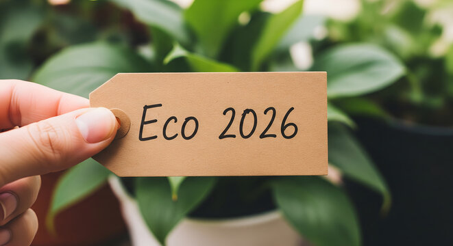 Eco 2026 Concept Image of Hand Holding Tag with Plant Background