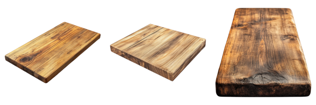Three wooden cutting boards arranged in a row, featuring unique wood grain patterns and textures. The boards have a natural, rustic appearance, suggesting their use in a kitchen environment